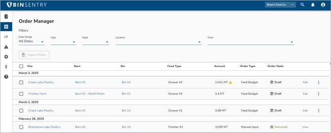 The order manager aggregates orders placed in binsentry and have searchable filters like date range, feed type, and location