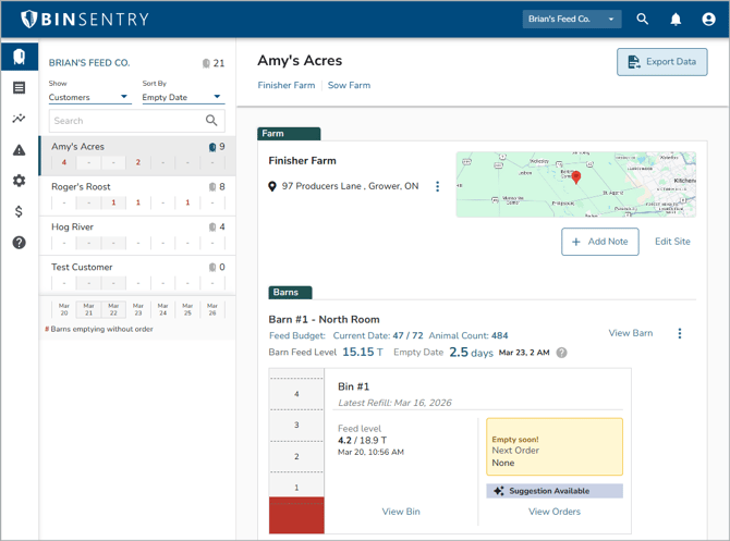 dashboard has bin cards that display feed level deliveries and last reading